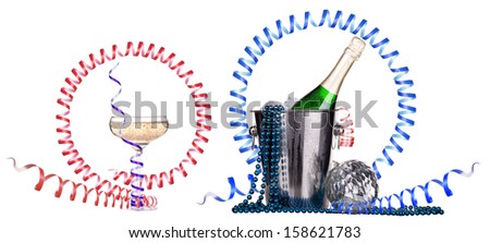 Champagne and christmas decor. Isolated on white background