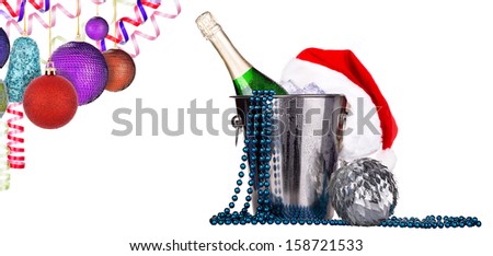 Champagne and christmas decor. Isolated on white background