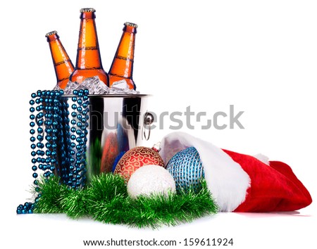 beer and christmas decor isolated on a white