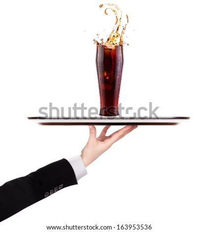 waiter holding  silver tray with soda isolated on a white background