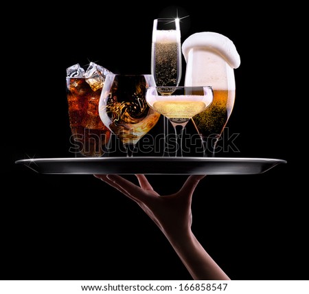 tray with different drinks on black background - champagne, beer, cocktail, wine, brandy, whiskey, scotch, vodka, cognac