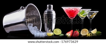 Alcohol Cocktail Set On A Black. Berry Cooler Cocktail, Martini, Mojito