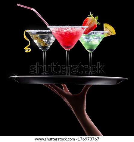 alcohol cocktail set on a black. Berry cooler cocktail, martini, mojito