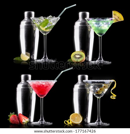 alcohol cocktail set on a black. Berry cooler cocktail, martini, mojito, Smoothie