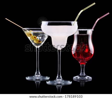 alcohol cocktail set. Berry cooler cocktail, martini, mojito,  Pina Colada