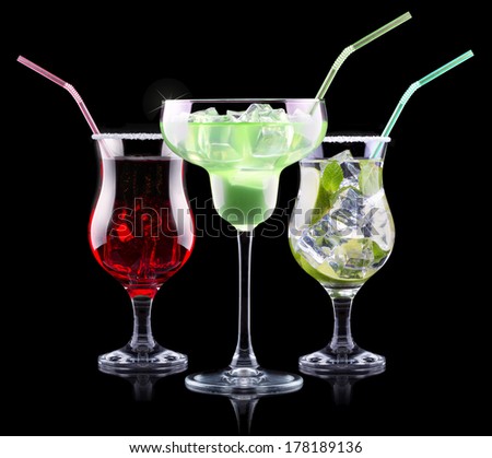 alcohol cocktail set. Berry cooler cocktail, martini, mojito,  Pina Colada
