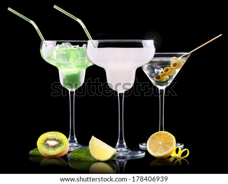 alcohol cocktail set with tasty summer fruits. Berry cooler cocktail, martini, mojito,  Pina Colada