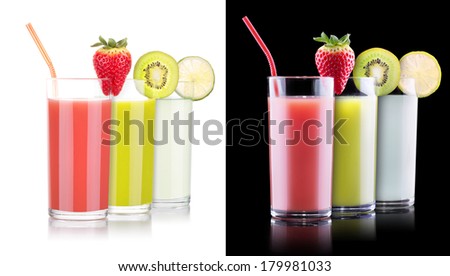black and white set of tasty summer fruits with juice in glass