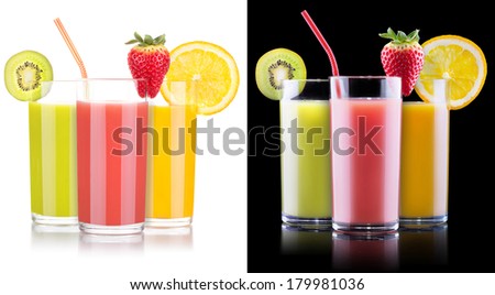 black and white set of tasty summer fruits with juice in glass