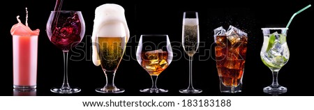 different alcohol drinks set  - beer, wine, cocktail,juice, champagne, scotch, soda