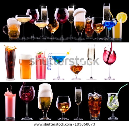 different alcohol drinks set  - beer, wine, cocktail, juice, champagne, scotch, soda