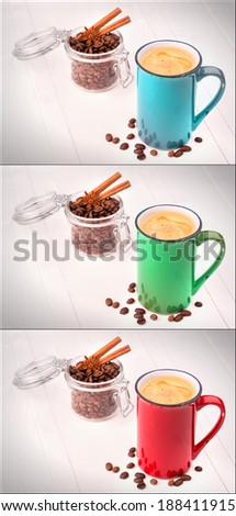 red, green and blue cup of Coffee set. Collage background
