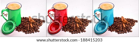 red, green and blue cup of Coffee set. Collage background