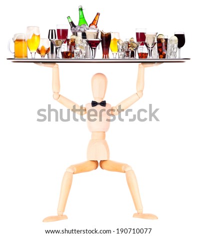 wooden Dummy waiter with tray full of alcoholic drinks and cocktails - beer,martini,soda,champagne,whiskey,wine,cola,cocktail