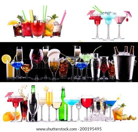 Set of different alcoholic drinks and cocktails - beer,martini,soda,champagne,whiskey,wine,cola,cocktail