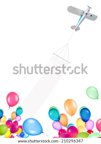 Single engine plane with banner and balloons isolated on a white background