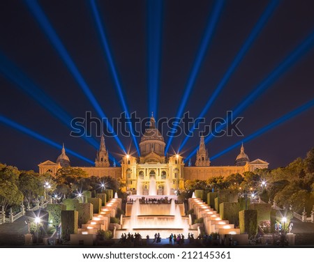 night view of Magic Fountain light show in Barcelona, Spain