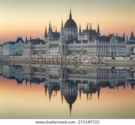 View of hungarian Parliament building at twilight in Budapest, Hungary