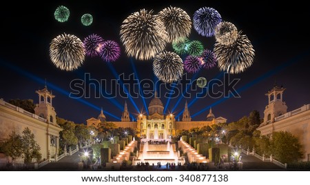 Beautiful fireworks under Magic Fountain light show in Barcelona, Spain