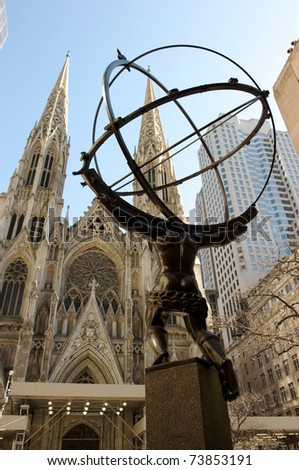 NEW YORK CITY - March 8: Fifth Avenue, as a symbol of wealthy New York, with Atlas statue and St. Patrick\'s Cathedral, March 8, 2011 in Manhattan, New York City.