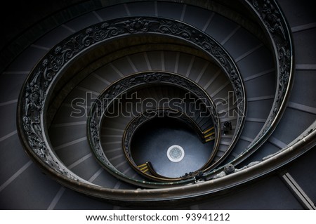 Spiral stairs in Vatican museum, upper view on a few tourists