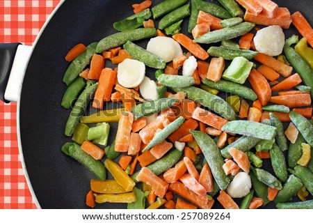 A mixture of assorted frozen veggies in skillet ready for cooking