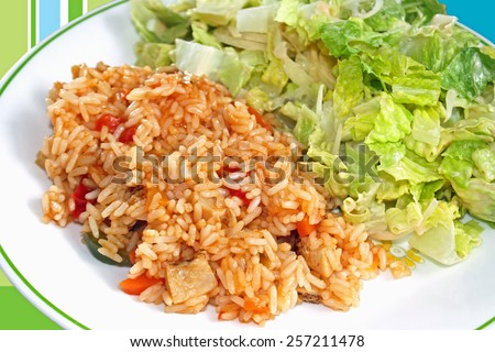 Plated dinner of cooked rice in a sweet and sour sauce with chicken and vegetables and a nutritious side salad