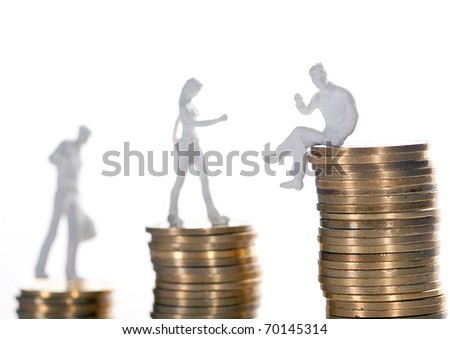 going up on the social scale-concept of three persons in different positions on piles of coins