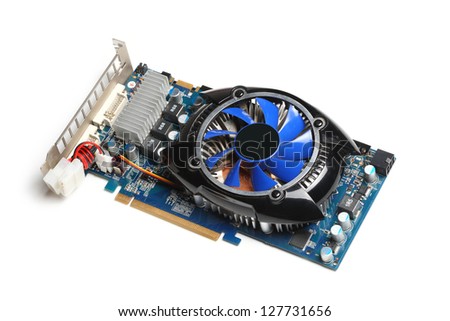 computer graphics display card on a white background