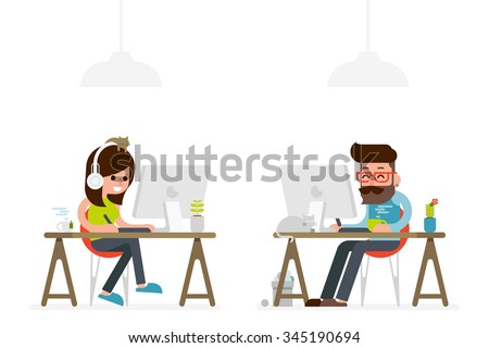 man and woman working on computer flat style cartoon.