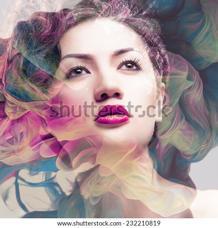 Creative shoot. Beautiful fashion woman With Conceptual Creative Makeup With Dispersion Effect