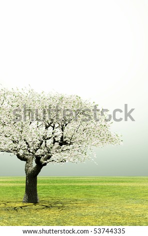 Blossoming lonely cherry-tree in the early morning light