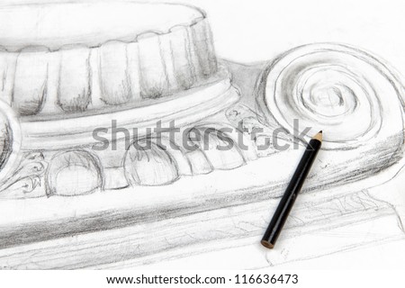 painting of antique column with graphite crayon