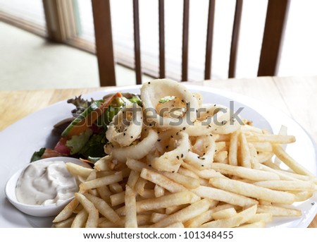 Seasoned calamari with bits of pepper visible placed on top of fried potatoes and accompanied by salad and dip
