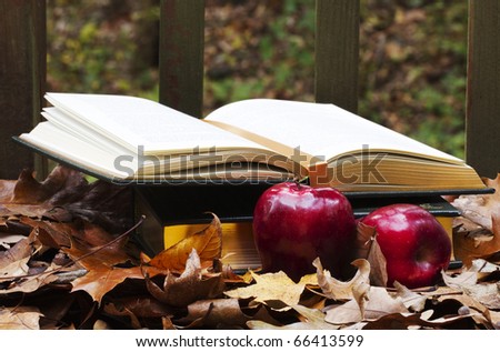 Open and closed textbooks nestled in colorful autumn leaves with red, fall harvest apples in foreground depict academics, homework, and study needs deep into the fall semester