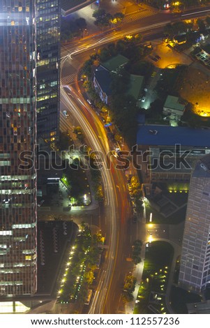 aerial view of night shanghai transportation,shanghai