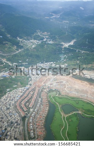 Aerial view of chinese village from airplane
