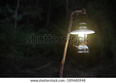 Gas lamp in night forest for camping
