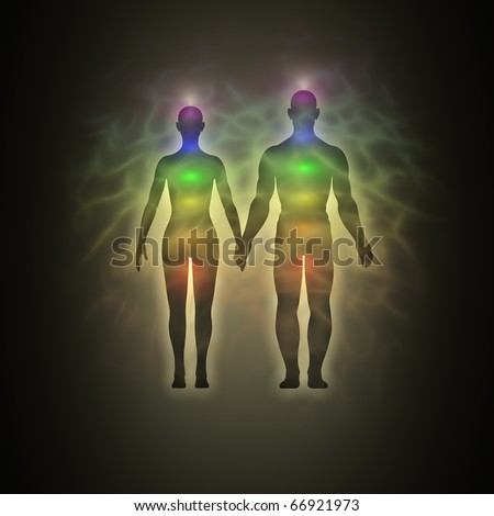 Woman and man, silhouette of human body with aura, chakras, energy