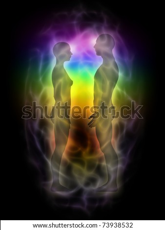Woman and man silhouette with aura, chakras, energy - profile
