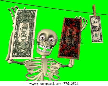 Cartoon of body skeleton with dollar bills. Theme of money laundering.