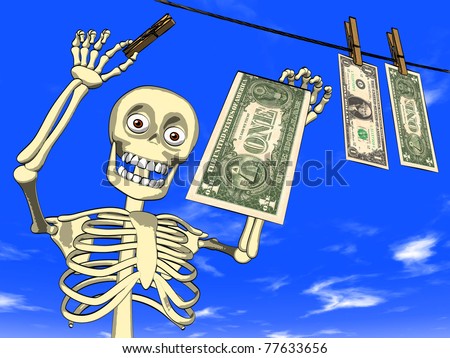 Money laundering - cartoon of skeleton with dollar bills
