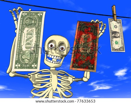 Money laundering - cartoon of skeleton with dollar bills