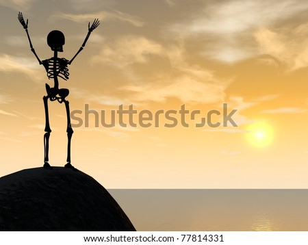 Illustration of skeleton climber silhouette on top of rock. Mountain, sunset or sunrise, sea.