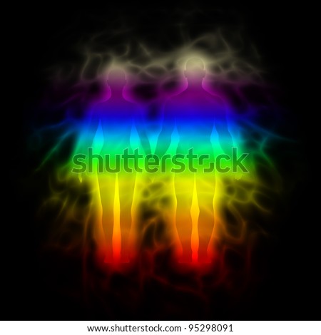 Picture of rainbow silhouette of human body with aura - woman and man