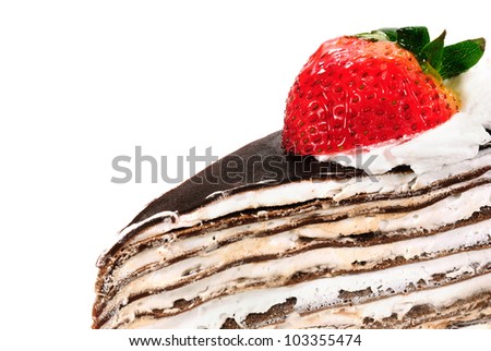 chocolate and cream cherry on top cake isolated in white background
