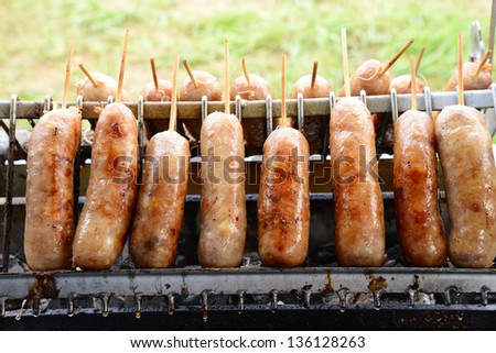 Rice-meat sausages on the market in Thailand