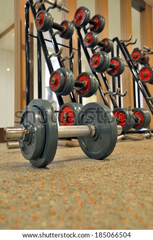 Dumb bells lined up in a fitness studio.