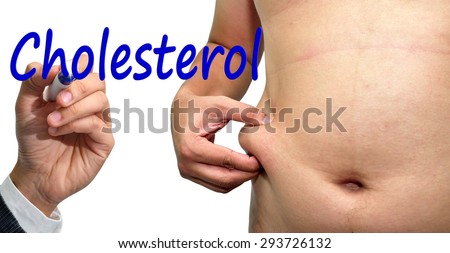 Cholesterol word cloud.Fat man checking out his weight isolated on white background