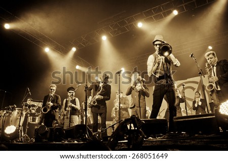 BYRON BAY, AUSTRALIA - APRIL 5 : Melbourne Ska Orchestra play on the Crossroads stage at the 2015 Byron Bay Bluesfest. 26th annual Blues and Roots festival.